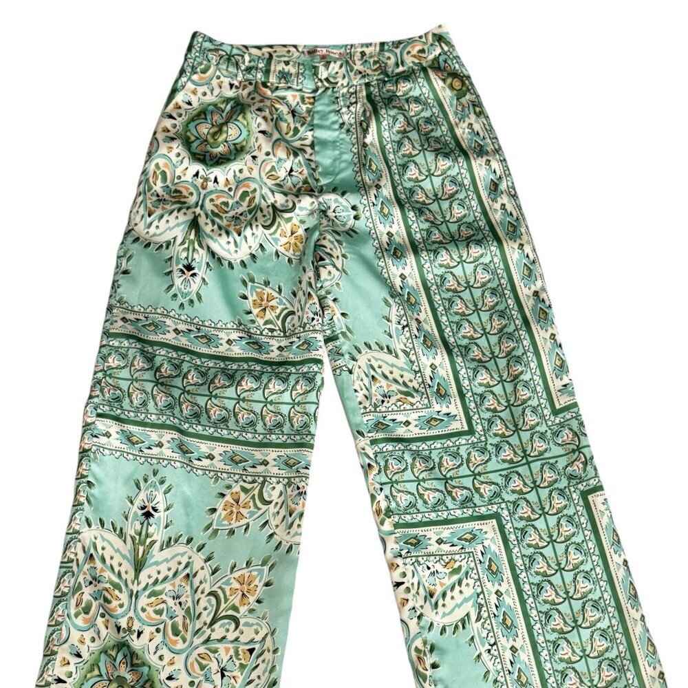 Bailey Rose Satin Wide Leg Pants Small Boho Green Paisley High Rise